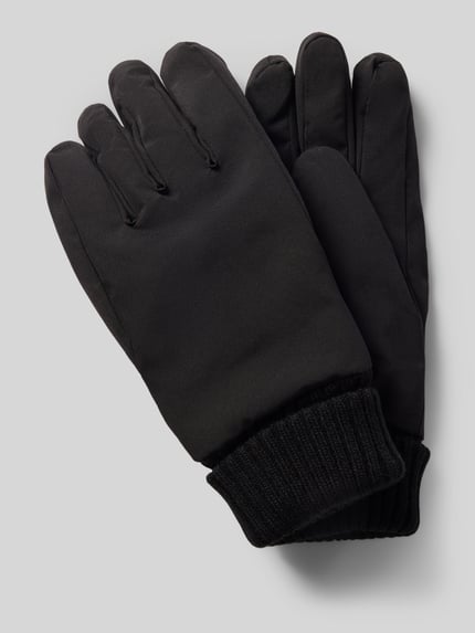 Produktfoto, zwarte Heren handschoenen met geribde ribboorden, winddicht, Fingerhandschuhe van bugatti, gladde structuur, licht glanzend