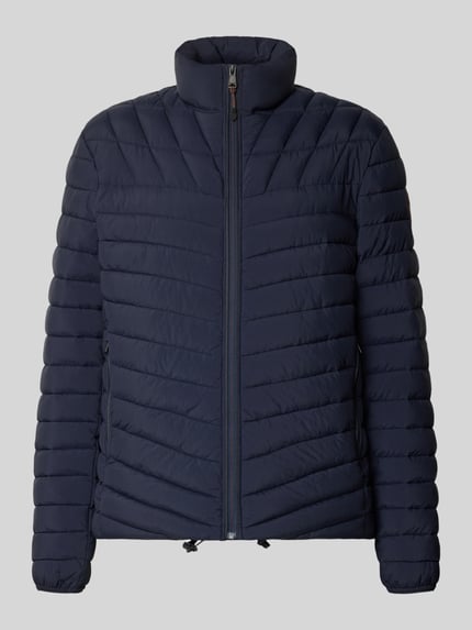 Produktfoto, dunkelblaue Steppjacke mit Label-Patch Modell 'LAPAZ' von Napapijri, gerader Schnitt, Stehkragen, sichtbare Reißverschlüsse, gesteppte Textur