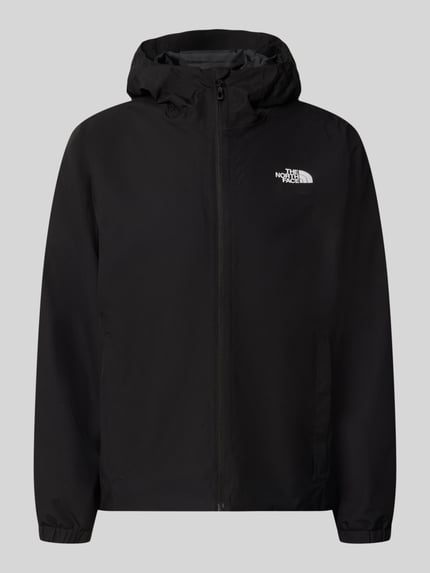 Produktfoto, schwarze Regular Fit Jacke mit Logo-Print Modell 'Quest' von The North Face, glatte Textur, Kapuze, Reißverschluss, Damenjacke