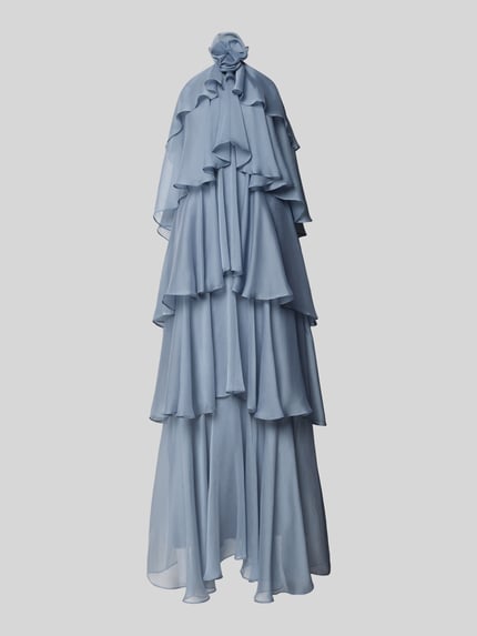 Produktfoto, Abendkleid mit Volants von Swing in Hellblau, Maxikleid in A-Linie mit Neckholder, Lagenlook und luftiger Chiffonstruktur.