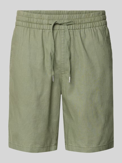 Produktfoto, Shorts aus Leinen-Baumwoll-Mix Modell 'barton' von Matinique in Olivgrün, Regular-Fit, elastischer Bund mit Tunnelzug, Herren Shorts, Bundweite 43 cm, Innenbeinlänge 21 cm, glatte Textur.
