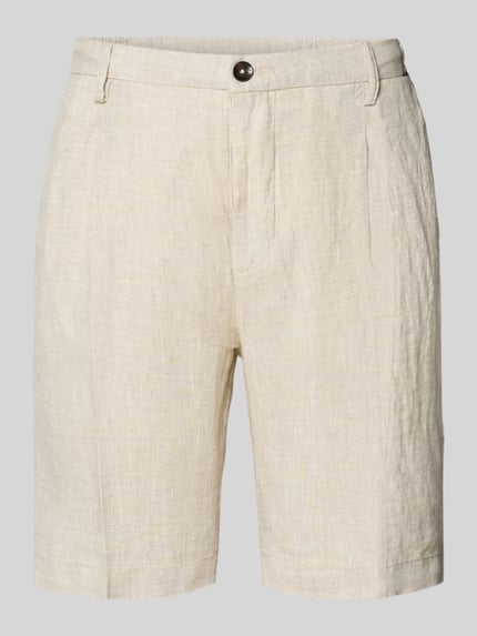Produktfoto, Shorts aus Leinen mit Eingrifftaschen von MARKUP, beige Farbe, strukturierte Leinenoptik, gerade Passform, Knopf- und Reißverschluss, französische Eingrifftaschen, Gesäßleistentaschen