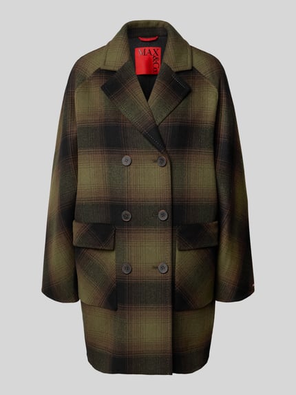 Produktfoto, Regular Fit Wollmantel mit doppelreihigen Knopfleiste Modell 'GIURIA' von MAX&Co., Allover-Muster, grün-braune Webware aus reiner Wolle, Pattentaschen, Reverskragen, Logo-Detail.
