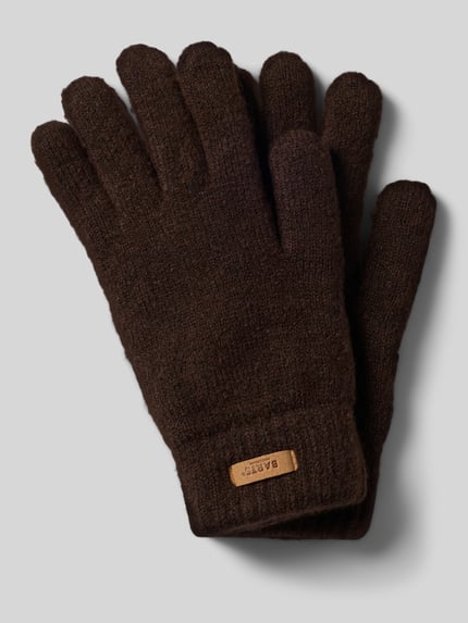 Produktfoto, braune, gestrickte Oberfläche, rechteckiges Label, Handschuhe mit Label-Patch Modell 'Witzia' von Barts, Damen Handschuhe von Barts