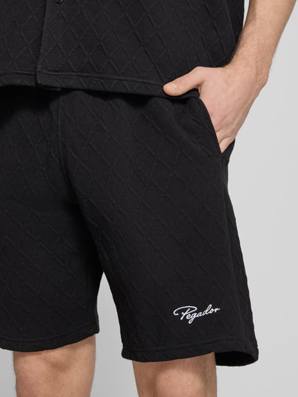 Männermodel trägt schwarze Shorts mit Logo-Stitching Modell 'Jovren' von Pegador, Material-Mix mit Baumwoll-Anteil, Loose-Fit, Eingrifftaschen, elastischer Bund, Nahaufnahme Oberkörper