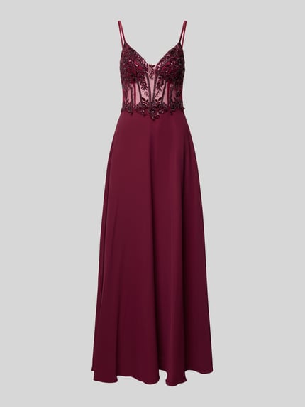 Produktfoto, Abendkleid mit floralem Ziersteinbesatz von Laona in dunklem Bordeauxrot, semitransparent, ausgestellter Schnitt, Taillierung, blickdichter Unterrock, feine Spaghettiträger, strukturierte florale Details und glatte Stofftextur.