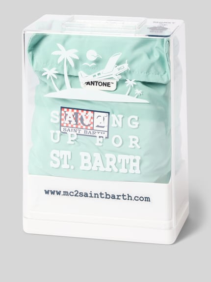 Produktfoto, Badehose mit Logo-Print Modell 'Lighting Pantone' von MC2 Saint Barth in Geschenkbox, türkis, weißer Logo-Patch, Kontrastprint