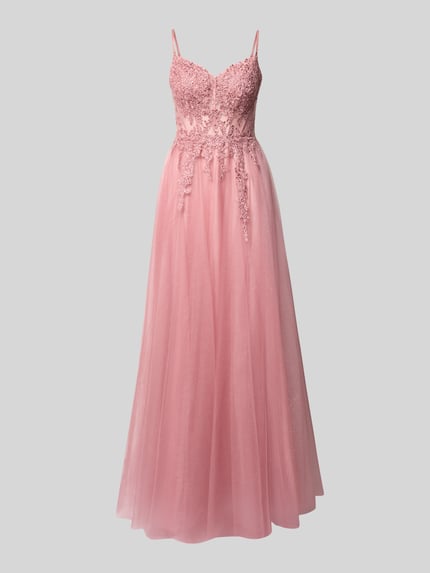 Produktfoto, Maxikleid mit Spitze und Gehschlitz van Luxuar in roze tule, getailleerd model, corsetjurk met spaghettibandjes, kanten details, loopsplit, rugdecolleté, ruglengte maat 36: 121 cm, borstwijdte maat 36: 38 cm.