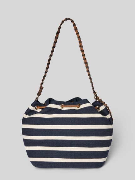 Produktfoto, Beuteltasche aus Baumwoll-Mix von Tommy Hilfiger mit Optik: Allover-Muster, gestreift, Logo-Applikation, Kontrast-Tunnelzug, Hauptfach, gewebter, verstellbarer Kontrast-Schulterriemen.