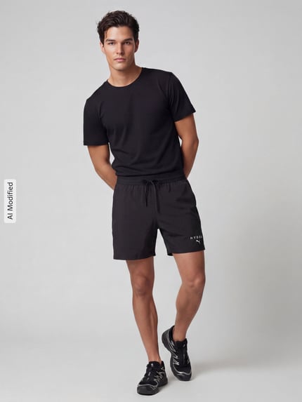 Männermodel trägt Regular Fit Sportshorts mit Label-Print von PUMA Performance in Schwarz, schlichtes Design, Ganzkörperansicht von vorne.