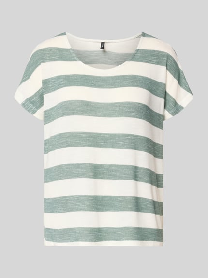Produktfoto, Regular Fit T-Shirt aus Viskose-Mix Modell 'WIDE STRIPE' von Vero Moda, efekt: jednolity kolor, krój regular fit, wyhaftowane logo, dekolt w łódkę, krótki rękaw, zaokrąglone, asymetryczny, drobny splot, mieszanka wiskozy