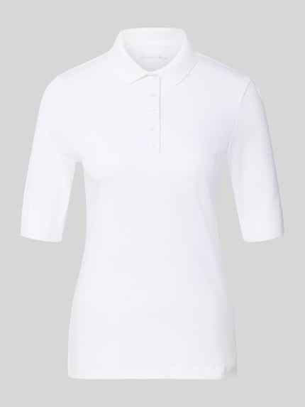 Produktfoto, Slim Fit Poloshirt mit Knopfleiste und 1/2-Arm von Christian Berg Woman aus reiner Baumwolle in Weiß, Rückenlänge 61 cm bei Größe 36