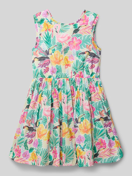 Produktfoto, Kleid im Allover-Look mit Rundhalsausschnitt von DANAMADE in A-Linie aus reiner Baumwolle, bunte Blumen- und Flamingomuster.