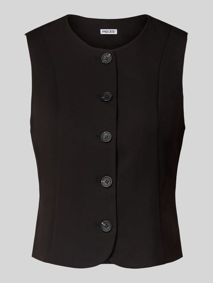 Produktfoto, Shaped Fit Top mit Spitzenbesatz Modell 'KAMIL' van Pieces met all-over stippenmotief en satijnlook, diepe V-hals, zwart