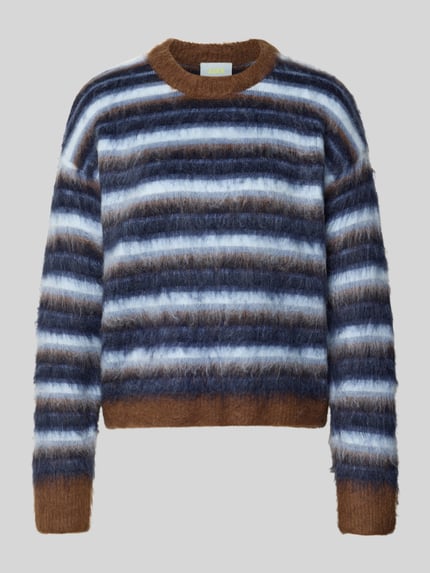 Produktfoto, Relaxed Fit Strickpullover aus elastischem Woll-Mix van JJXX, Model 'CALISTA', streepmotief in blauw, wit en bruin, dames gebreide pullover van wolmix, ruglengte maat S: 52 cm, mouwlengte maat S: 49 cm