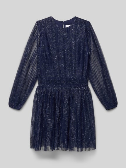 Productfoto, donkerblauw Minikleid met Rundhalsausschnitt van DANAMADE, getailleerd, smok-details, ondoorzichtig onderjurk, met glinsterende structuur.