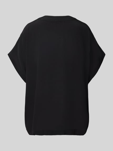 Productfoto, Loose Fit Tunika aus reiner Viskose Modell 'DOUBLE B' van BOSS in effen zwart, crêpe textuur, zijsplitten, korte mouw, labelapplicatie van metaal