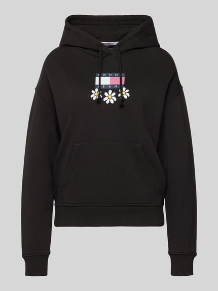 Productfoto, Hoodie met label- en motiefprint model 'DAISY FLAG' van Tommy Jeans, zwart, unicolor, katoenmix met stretch, kangoeroezak, geribde boorden