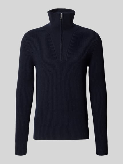 Produktfoto, Strickpullover aus Woll-Mix mit Troyer-Kragen von bugatti, krój slim fit, kolor granatowy, zamek, długość tyłu 65 cm, długość rękawa 68 cm