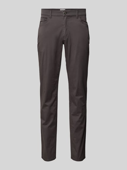 Produktfoto, donkergrijze slim fit stoffen broek van BRAX, model 'Cadiz', mix van katoen en lyocell, 5-pocketmodel, knoop- en ritssluiting, bandwijdte 107 cm, binnenbeenlengte 81 cm