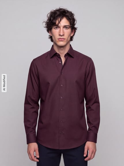 Männermodel trägt Modern Fit Businesshemd aus reiner Baumwolle von OLYMP in dunklem Bordeaux, glatte Textur, Ganzkörperansicht von vorne, Herren Businesshemd von OLYMP, KI-modifiziertes Bild.