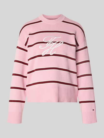 Productfoto, Regular Fit Sweatshirt aus reiner Baumwolle van Tommy Hilfiger, roze met bruine gestreepte fijngebreide stof, logo-stiksel, ronde hals, lange mouw, geribde boorden