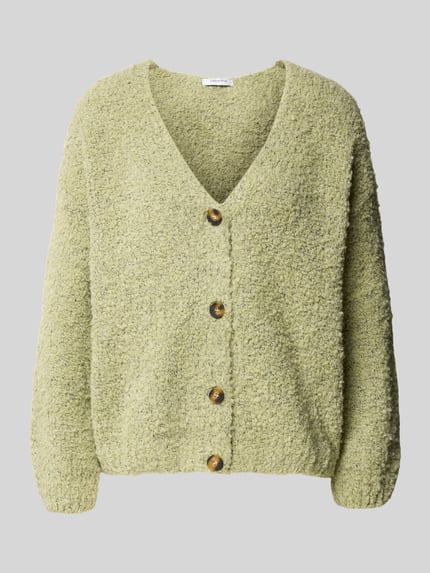 Produktfoto, Cardigan mit V-Ausschnitt Modell 'So44fia' von ZABAIONE, hellgrün, strukturierte Oberfläche, Knopfleiste, gerader Schnitt, Material-Mix mit Viskose-Anteil