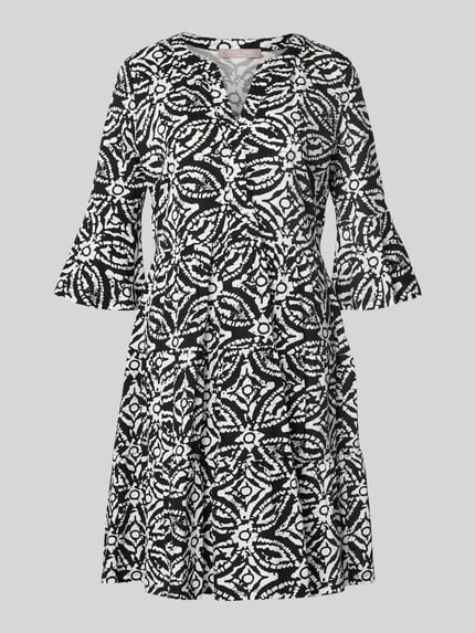 Produktfoto, Minikleid mit Tunika-Ausschnitt von Christian Berg Woman Selection, schwarz-weiß gemustert, reine Baumwolle, taillierte Passform