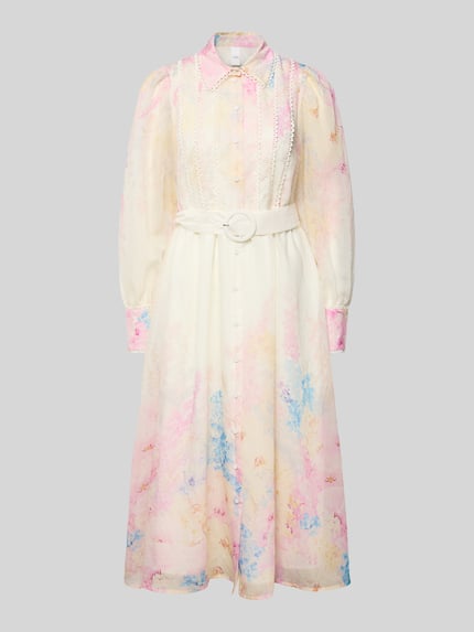 Produktfoto, midi-jurk van lyocellmix model 'Florence' van YAS, getailleerd, platte kraag, met lange mouwen, bloemenprint, knoopsluiting, geïntegreerde riem, ruglengte maat 36: 123 cm, borstwijdte maat 36: 47 cm, mouwlengte maat 36: 65 cm