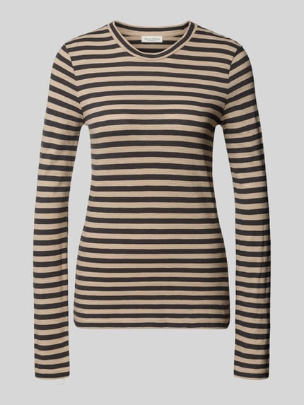 Produktfoto, Langarmshirt mit abgerundetem Saum von MARC O'POLO, gestreift in Beige und Schwarz, Jersey, Rundhals, Struktur glatt