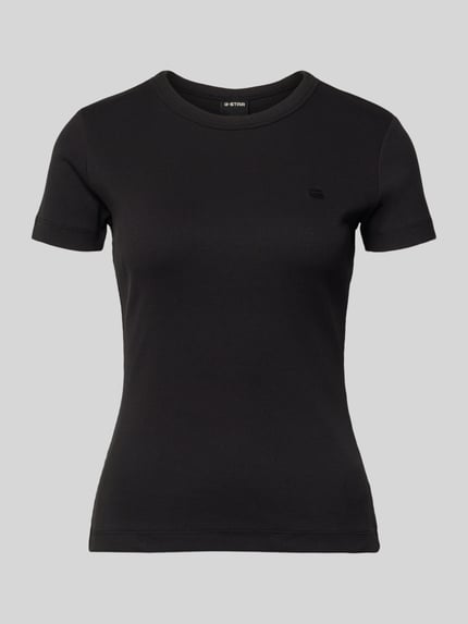 Produktfoto, schwarzes Slim Fit T-Shirt mit Logo-Stitching von G-Star Raw aus elastischem Baumwoll-Mix in feiner Rib-Optik, Rundhalsausschnitt.