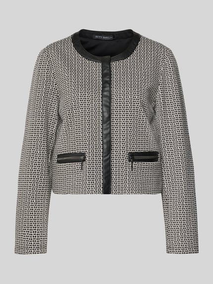Produktfoto, Blazer mit Rundhalsausschnitt von Betty Barclay im Material-Mix mit Viskose-Anteil, Regular-Fit, gemustert, Reißverschlusstaschen, verdeckte Druckknopfleiste, Farbkombination aus Schwarz und Weiß, strukturierte Oberfläche