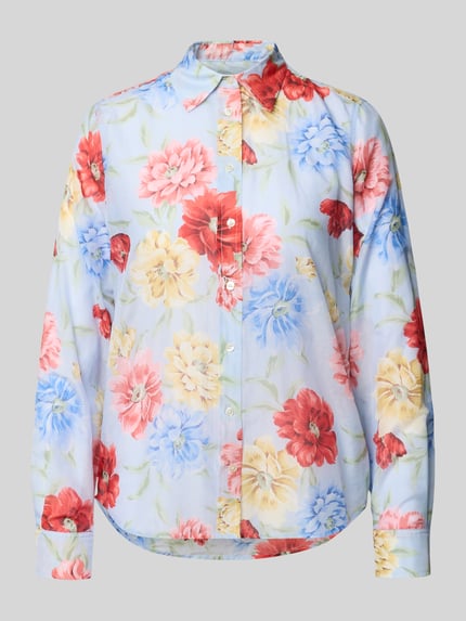 Produktfoto, Bluse mit Seide-Anteil und Hemdblusenkragen von Gant, mieszanka bawełny i jedwabiu, krój regular fit, listwa guzikowa, zaokrąglony kształt, kolorowe kwiaty na jasnym tle, długość tyłu w rozmiarze 36: 67 cm, długość rękawów w rozmiarze 36: 61 cm