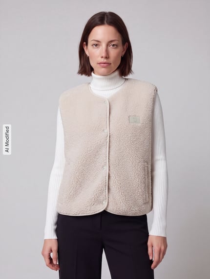 Frauenmodel trägt Regular Fit Weste mit Logo-Detail von Jake*s Casual in Beige mit strukturierter Wolloptik, Nahaufnahme Oberkörper, KI-modifiziertes Bild.