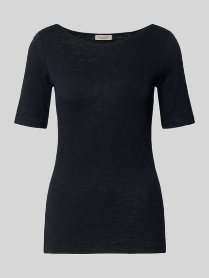 Productfoto, zwart 'T-Shirt aus Slub Jersey' van MARC O'POLO in smalle pasvorm van puur katoen met ronde hals en logo-opschrift, slubstructuur.