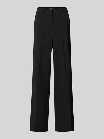 Produktfoto, zwarte dames stoffen broek van Cambio, model 'AMELIE', materiaalmix, recht model, bandplooien, steekzakken, achterzakken.