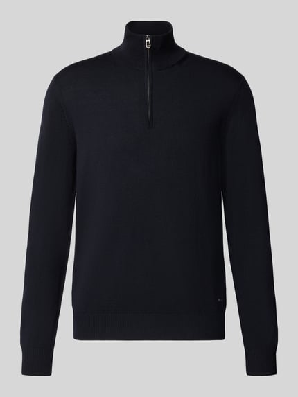 Produktfoto, dunkelblauer Modern Fit Troyer aus reiner Schurwolle Modell 'Dario' von JOOP! COLLECTION, feine Strickstruktur, glatte Textur