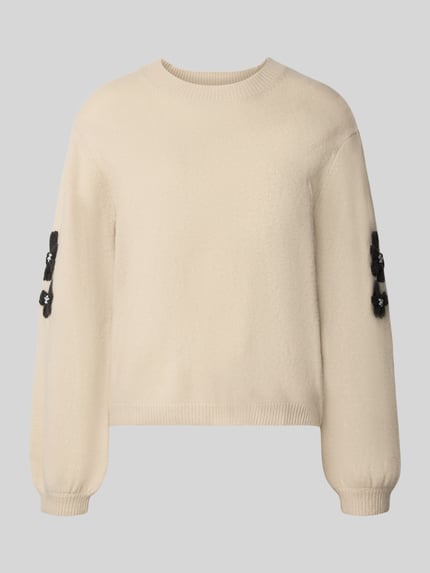 Produktfoto, Strickpullover aus Wolle mit Stitchings und Perlen von Christian Berg Woman in Beige, Rundhalsausschnitt, relaxed Fit, weiche Textur