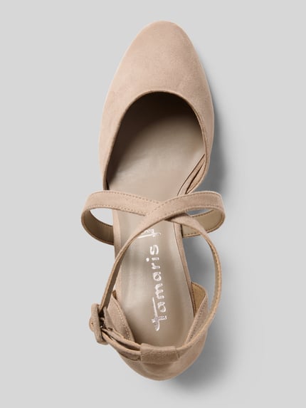 Productfoto, Pumps met kruisriemen van Tamaris in effen beige velours, ronde neus, blokhak, gladde zool, gesp als sluiting.