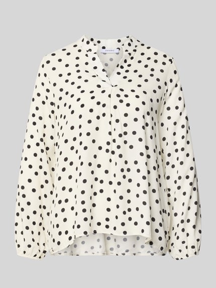 Produktfoto, Relaxed Fit Bluse aus reiner viscosemix Model 'Valeria' von ZABAIONE, dames blouse met serafinohals, effen crèmekleurig met zwarte stippen, langemouwen, ruglengte maat S 54 cm, mouwlengte maat S 58 cm