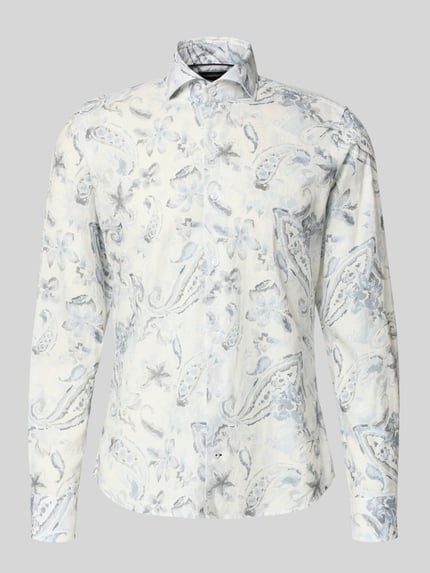 Produktfoto, Slim Fit Business-Hemd aus Leinen-Mix Modell 'Pai' von JOOP! Collection in Weiß mit blau-grauem floralen Muster, Knopfleiste, Kentkragen, Langarm.