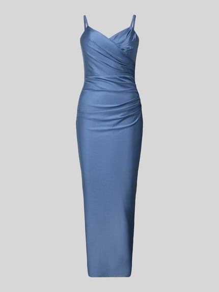 Produktfoto, Cocktailkleid mit Herz-Ausschnitt von TROYDEN COLLECTION, Maxikleid in Blau, körpernahe Passform, Drapierungen, Spaghettiträger, Wickel-Optik