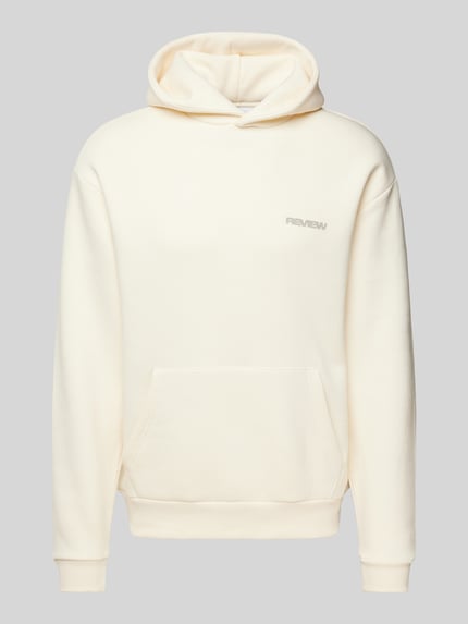 Produktfoto, Hoodie mit Label-Print von REVIEW aus Baumwoll-Mix in Beige mit Känguru-Tasche und elastischen Abschlüssen, Kapuze, strukturierte Oberfläche