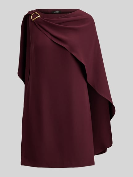 Produktfoto, Tailliertes Cocktailkleid mit Umhang von Lauren Ralph Lauren in dunklem Unifarbton, U-Boot-Ausschnitt, Mini-Länge, metallische Akzente, strukturierte Oberfläche