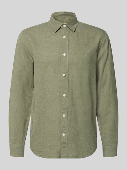 Produktfoto, Slim Fit Freizeithemd aus Baumwoll-Leinen-Mix Modell 'CAIDENLS SOLID' von Only & Sons, Optik: Unifarben, grüne Flammgarn-Textur, Kentkragen, durchgehende Knopfleiste, Rückenpasse, langarm, leicht abgerundeter Rumpfabschluss, Kombimanschetten