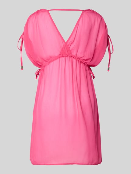Productfoto, Kaftan met V-hals model 'SABRINA' van DORINA in felroze, getailleerde snit, minijurk, mouwen en taille met rijgkoord, lichte transparante stof, gladde textuur