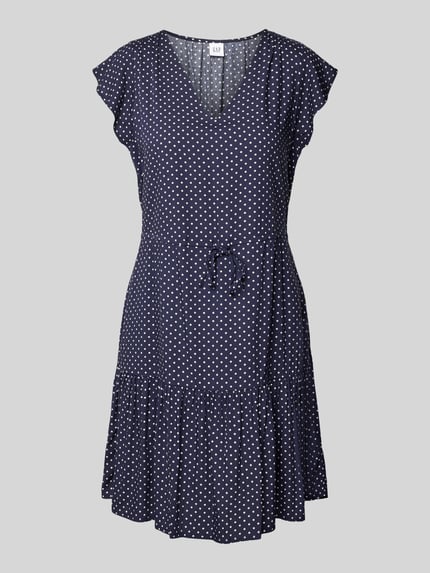Produktfoto, Minikleid aus reiner Viskose mit V-Ausschnitt von GAP, dunkelblau mit weißen Punkten, tailliert, Tunnelzug, kurzärmelig