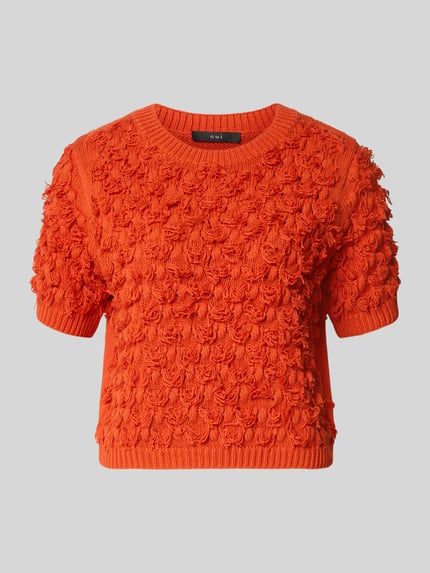 Produktfoto, Strickpullover mit Rundhalsausschnitt und 1/2-Arm von Oui in kräftigem Orange, reine Baumwolle, gerippte Abschlüsse, strukturierte Oberfläche