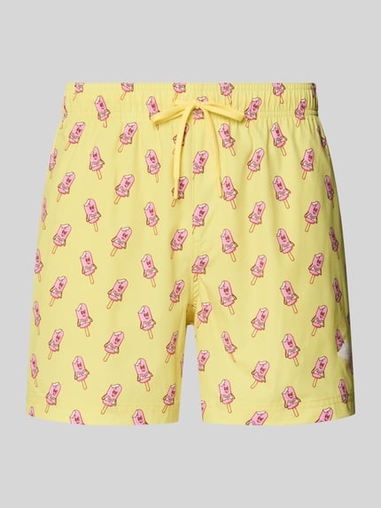 Produktfoto, Badehose im Allover-Look Modell 'MAUI VIBES NOVELTY' von Jack & Jones, gelb mit Eis-Print, elastischer Bund, Regular Fit