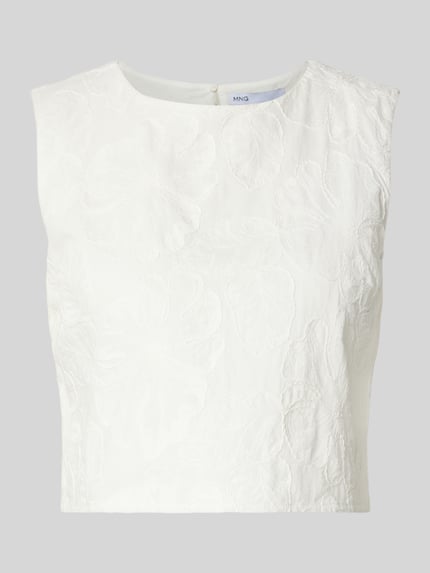 Produktfoto, Cropped Blusentop mit rückseitigem Schlüsselloch-Ausschnitt von Mango in Offwhite, reine Baumwolle, gerader Schnitt, florale Struktur, Modell LISBOA